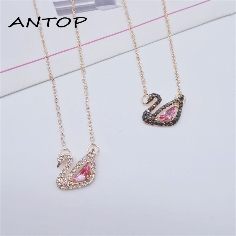 Korea Kalung Rantai Liontin Angsa Warna Pink Berlian Imitasi Untuk Wanita Aksesoris ANTOP