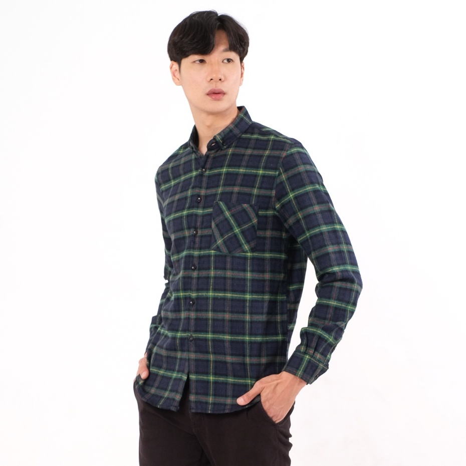 SANVANINA Kemeja Flanel Pria Panjang Motif Kotak Kotak Hijau | Flannel Checked Navy Green - E-8006