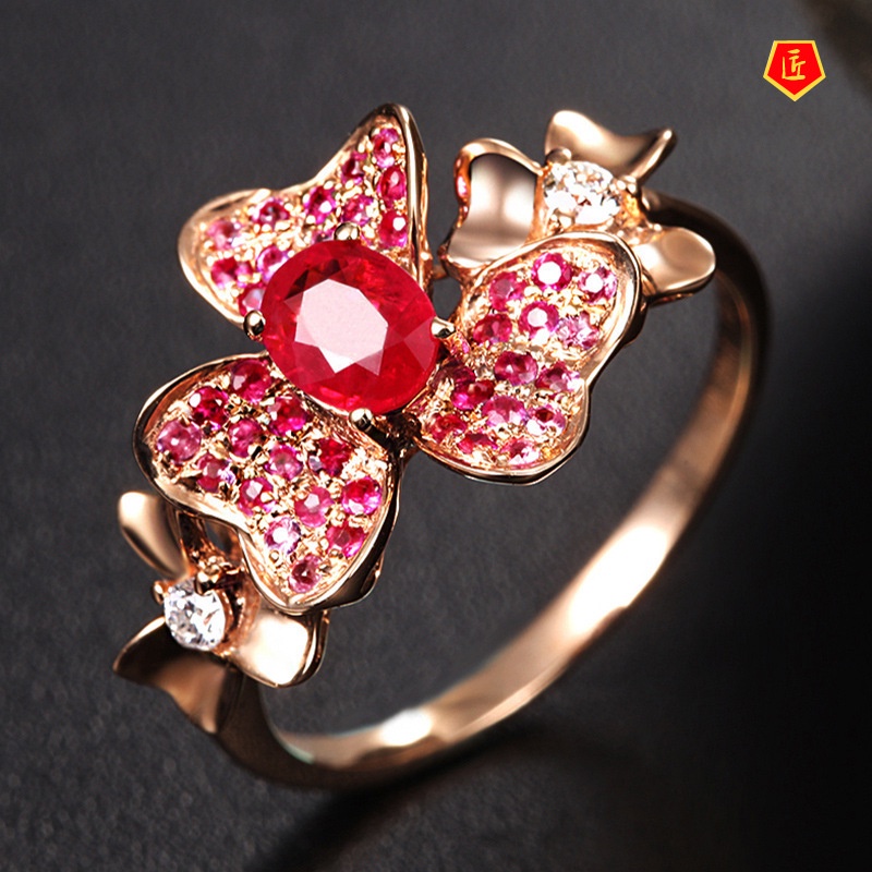 [Ready Stock]Fashion Elegant Rose Gold Flower Red Gem Ring