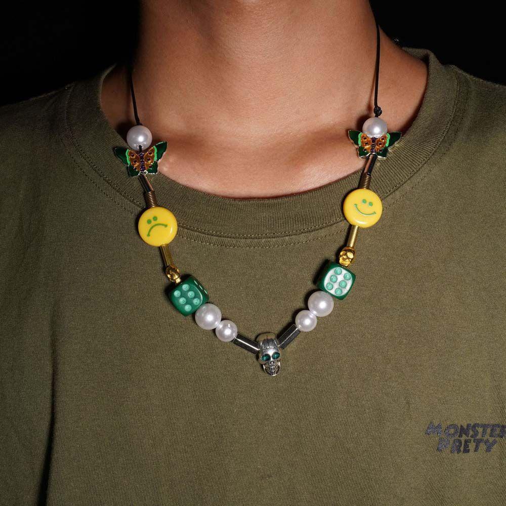 [Elegan] Pria Kalung Klasik Hip Hop Wanita Mutiara Manik-Manik Smiley Tengkorak Liontin Gaya Korea Kalung