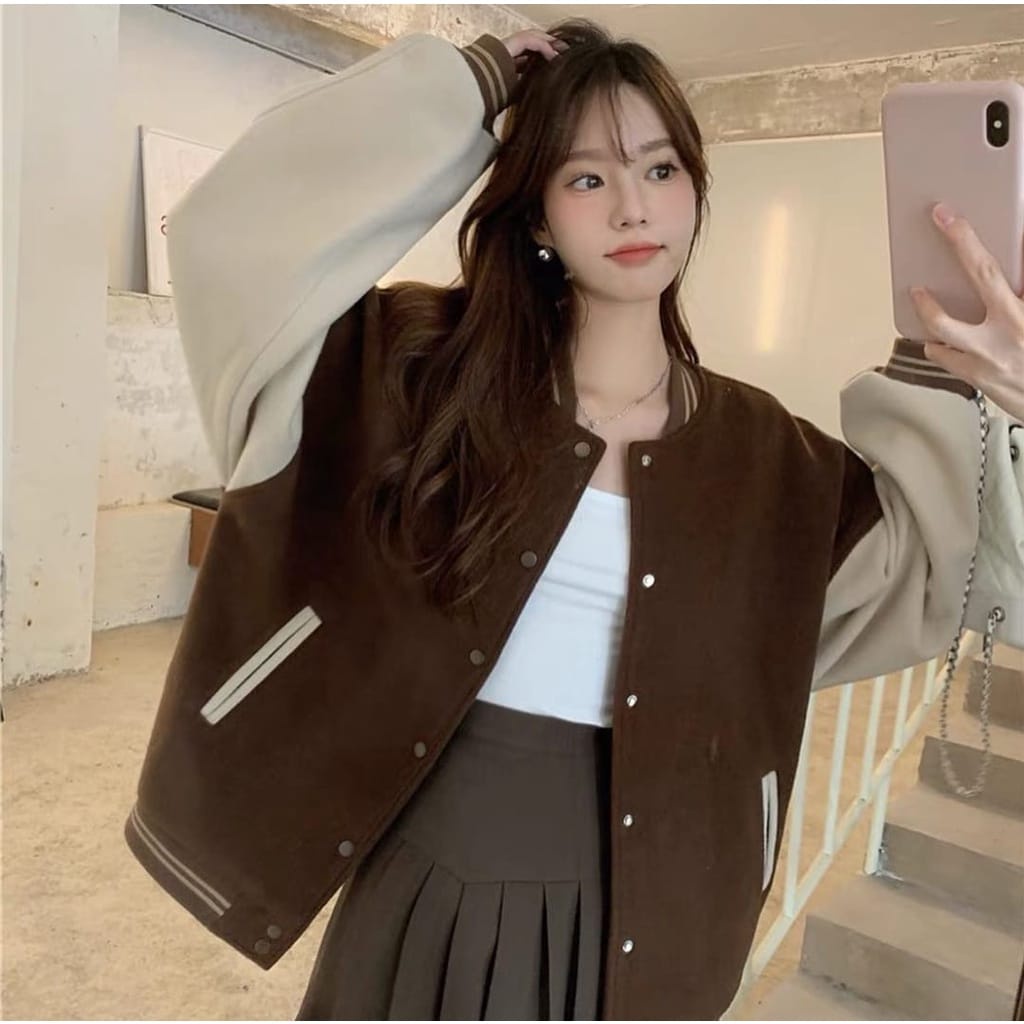 BROWNIE JAKET VARSITY BASEBALL | JAKET WANITA OVERSIZE LUCU KEKINIAN