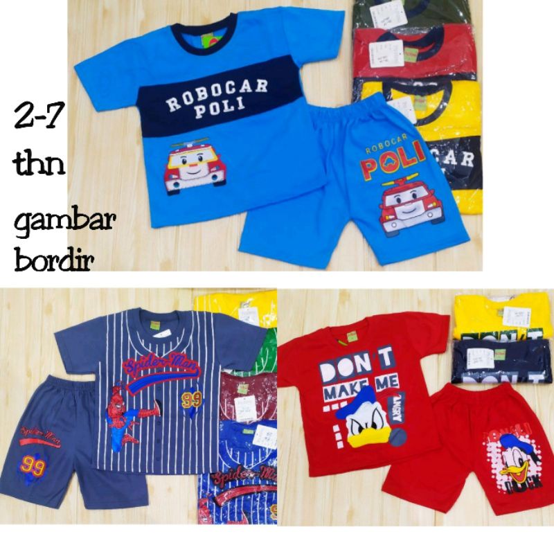 SETELAN BORDIR BEAR SPIDERMAN POLI DINO 2-7 THN BAJU ANAK LAKI-LAKI