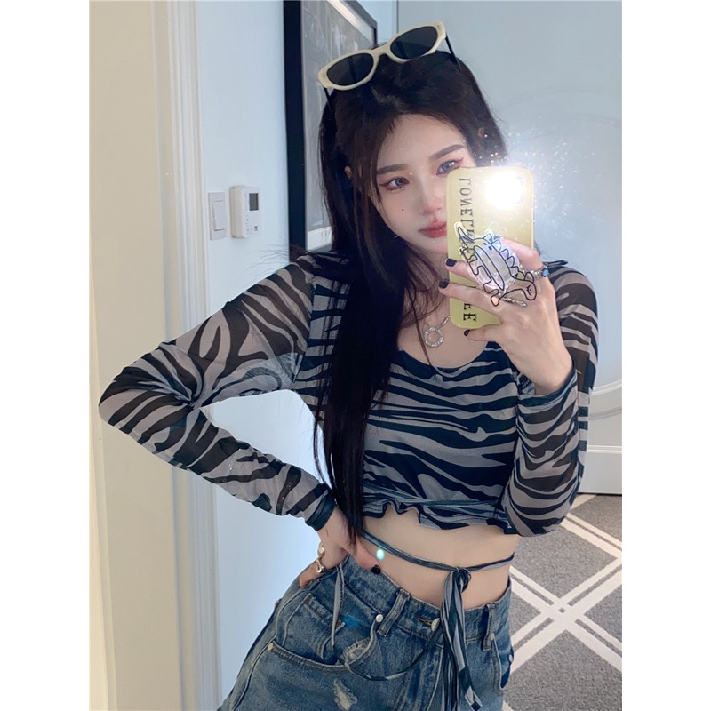 Suhao ~ Mesh Cropped POLO Zebra Print Lengan Panjang T-Shirt Atasan Bertali