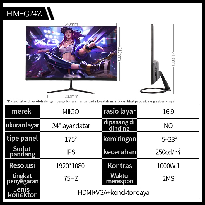 MIIGO Monitor komputer dengan resolusi tinggi lengkung ultra-tipis 24 inch-75HZ-Black