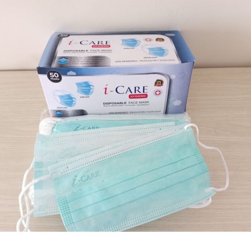 MASKER EARLOOP I-CARE 3 PLY HIJAU TOSCA DISPOSABLE FACE MASK ISI 50 PCS