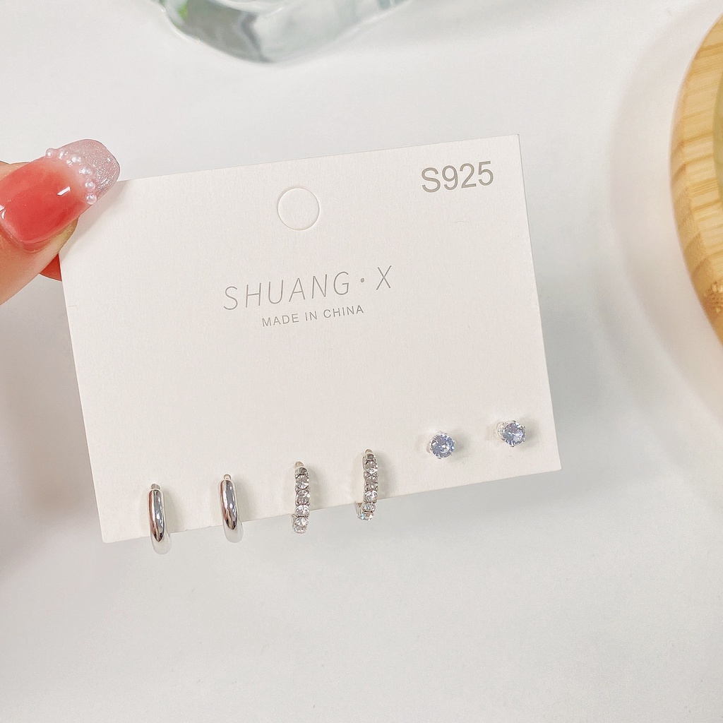 3 Pasang / Set Anting Hoop Berlian Warna Emas Silver Untuk Aksesoris Perhiasan Wanita