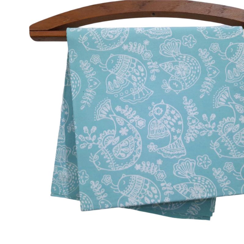 Kain Batik cap katun sewarna hijau turkis pastel motif burung