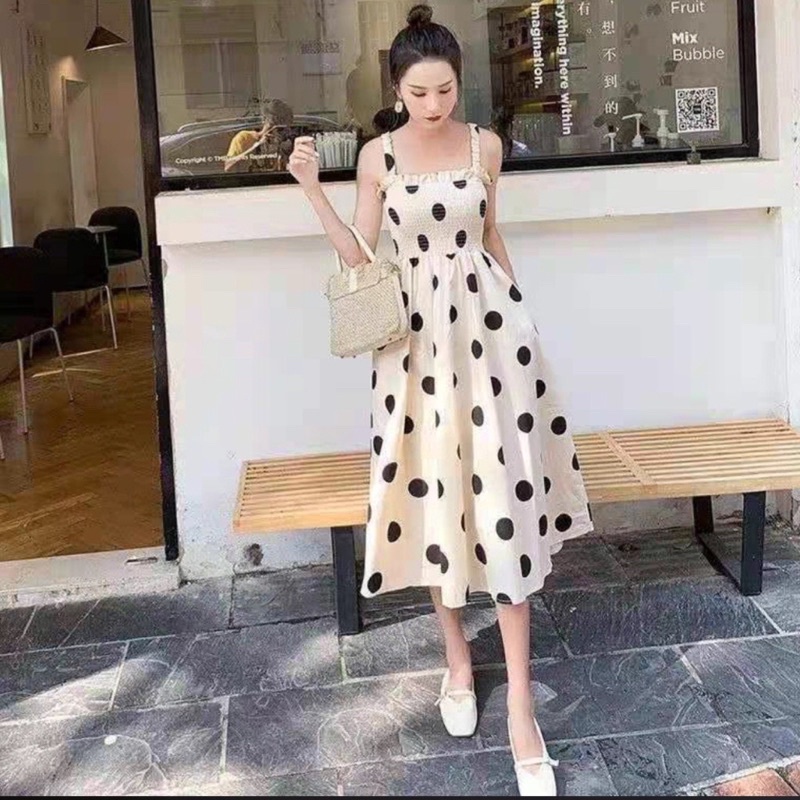 DRESS POLKADOT SMOKE FLARE IMPORT KS1570