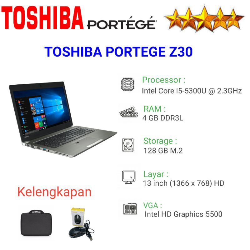LAPTOP TOSHIBA PORTEGE Z30 CI5/GEN5/4GB/500GB HDD SECOND MULUS