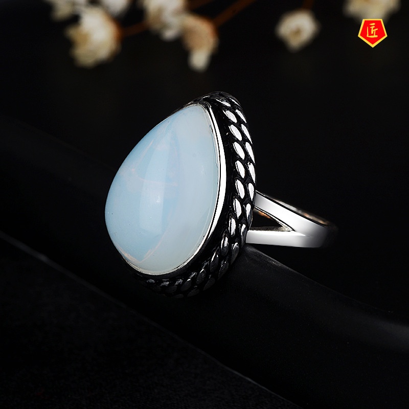 [Ready Stock]Temperament Drop-Shaped Moonstone Ring Exaggerated Punk Style