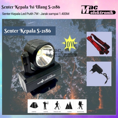 Senter Kepala LED Putih Super Terang 7W Senter Kepala Sunpro S-2186 Headlamp Cas Led Super Terang Tahan Lampu Emergency Travel Hunting Rechargeable Original