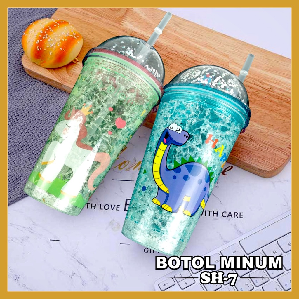 Botol Minum Tumblr Tempat Air Minum Sedotan 450ML Karakter Unicorn Dinosaurus Bottle Tumblr Anak GOSHOP88