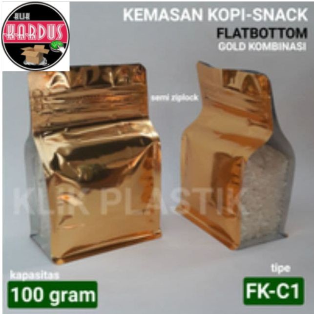 GUSSET FLATBOTTOM 100GR GOLD KOMBINASI/KEMASAN KOPI SNACK/STAND POUCH