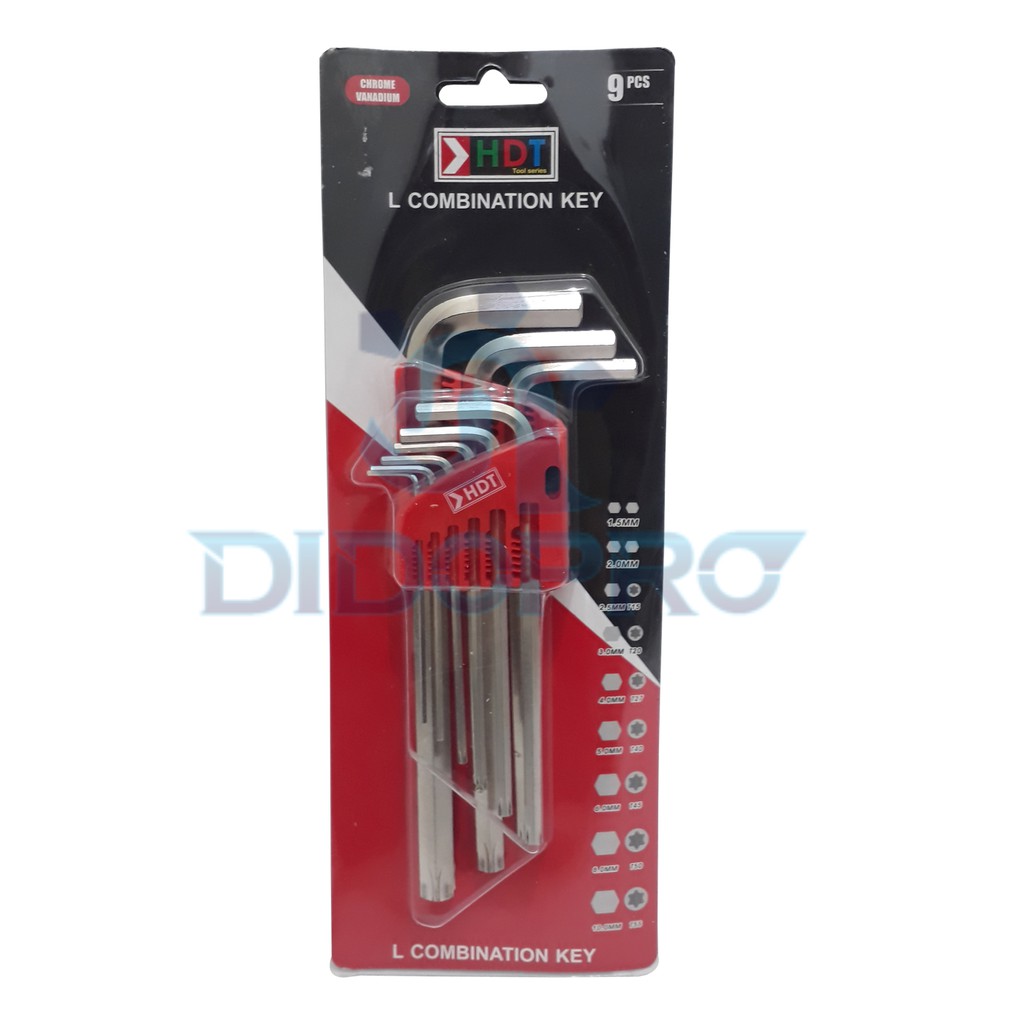 Kunci L Long + L Bintang Set Kombinasi HDT 9 pcs - Hex Torx Set Key