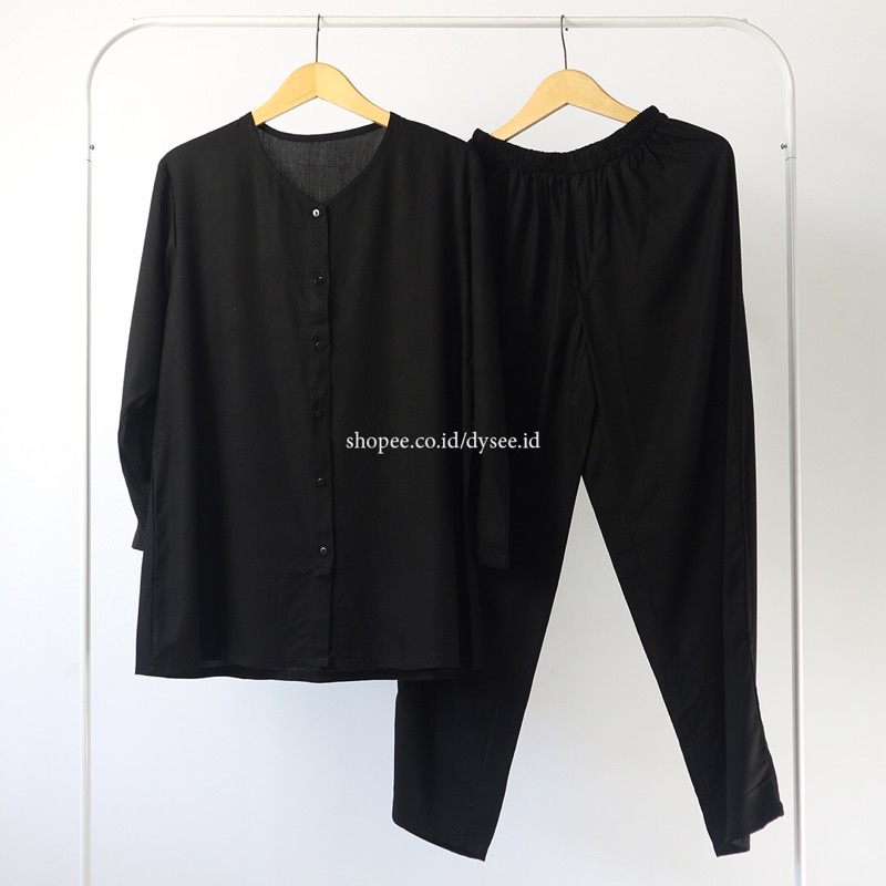 (PIYAMA POLOS) PIYAMA RAYON PAJAMAS RAYON SET BAJU WANITA VIRAL ELEGAN MURAH-Hitam