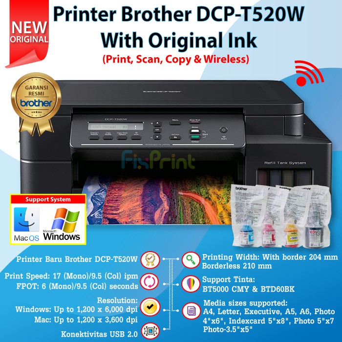 Printer Brother DCP-T520W DCP T520W WiFi Print Scan Copy A4 Wireless Nirkabel With LCD Panel Tinta D60 Black BT5000 Cyan Magenta Yellow