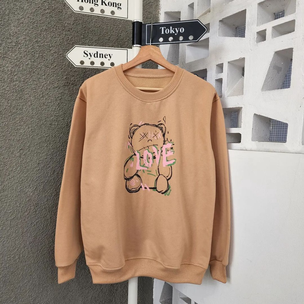 BEAR LOVE Oversize Sweater Crewneck Oblong Wanita | Baju Blouse Kece and Stylish Fleece Tebal Korean Style