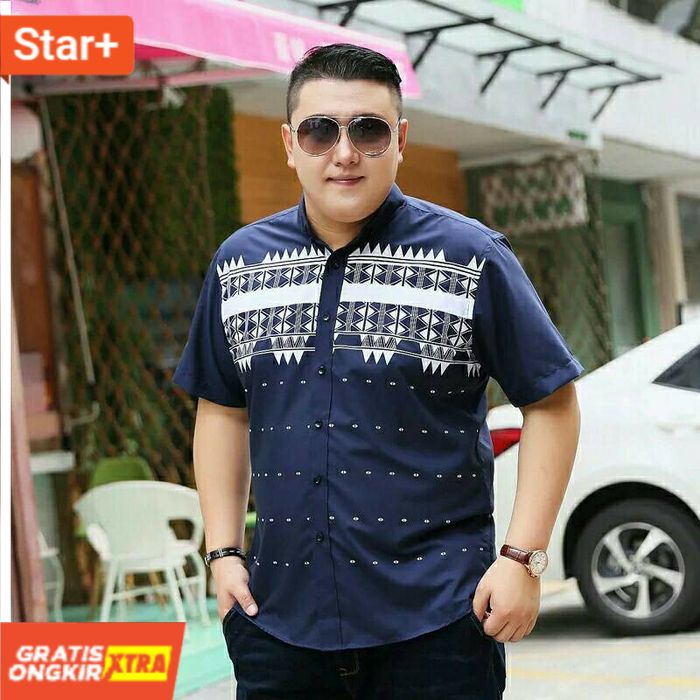Navy KEMEJA JUMBO PRIA COWOK MOTIF PENDEK KOMBINASI HITAM BIRU NAVY XXL  Terlaris Laku