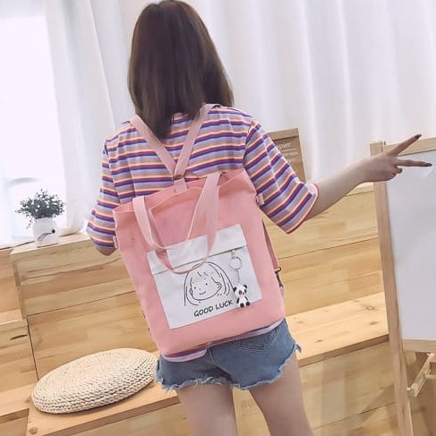 Twenty Bag - Tas Tote Bag Wanita Resleting Terbaru 2022 Aesthetic Kekinian Motif Carakter GOOD LUCK Korea Style Multifungsi Bisa DI Ransel