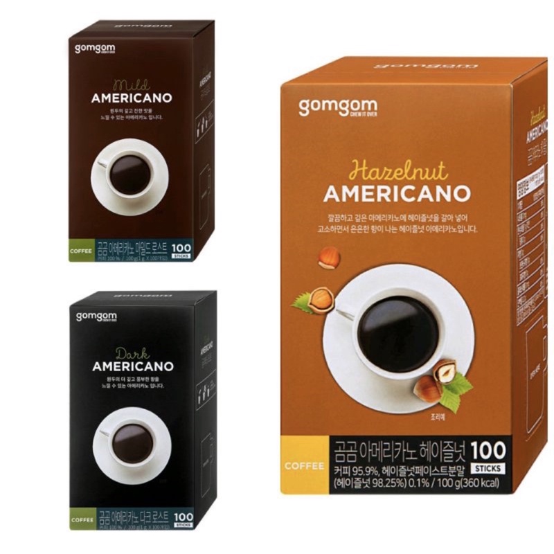 

GomGom Americano Coffee Kopi Korea Mild, Dark, Hazelnut Americano/ Kopi Premium Sachet