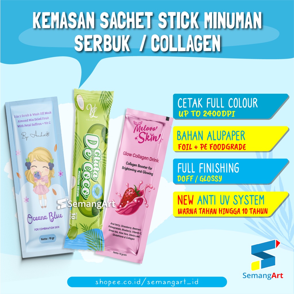 Cetak Sachet Kemasan Minuman Serbuk Collagen / Makanan Full Printing Desain Custom
