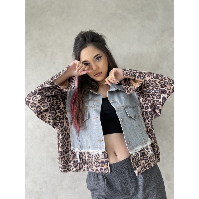 JAKET JEANS IMPORT WANITA ASIA KOREA JEPANG COMBAIN LEOPARD AM4