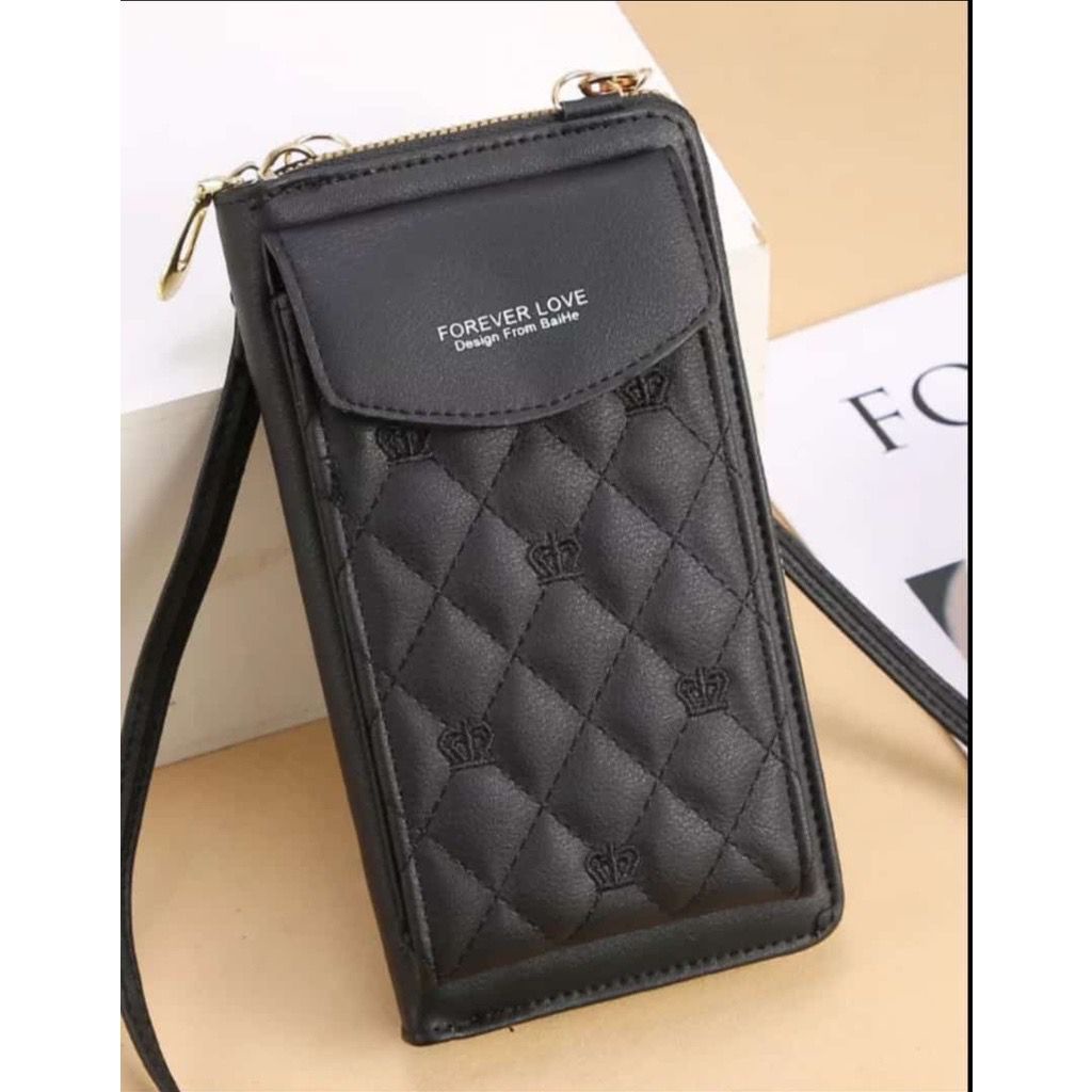 DOMPET HP SELEMPANG WANITA KULIT HITAM EASTON BALERY MAHKOTA BORDIR TALI PANJANG SLING IMPORT BATAM KEKINIAN KOREA