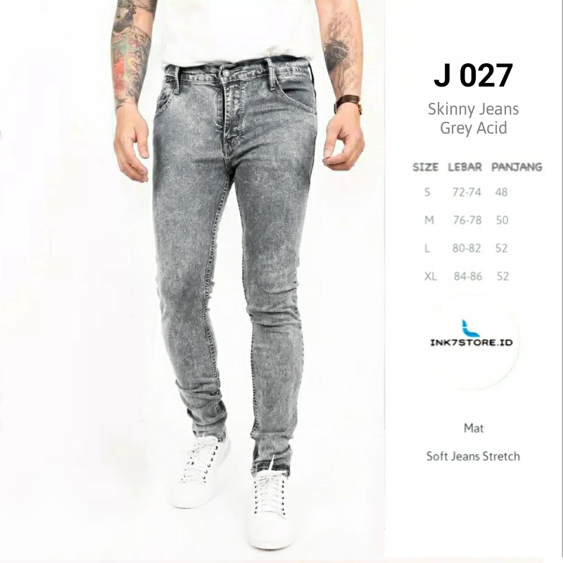 Ink7 Celana Jeans Abu Sandwash Pria Skinny Jeans Stretch Snow Grey Denim Pants Grey Acid
