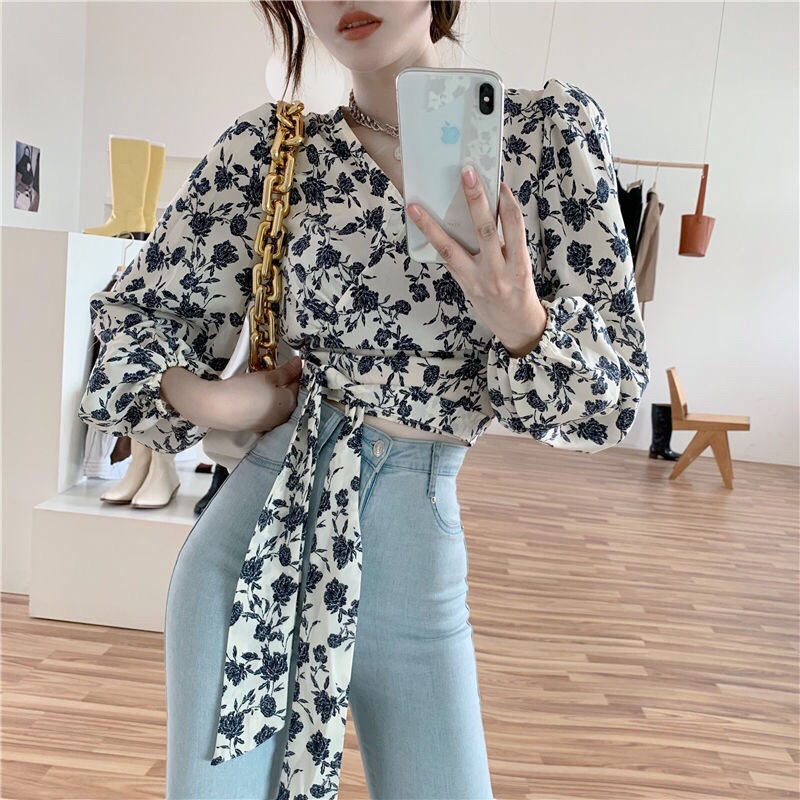 Hong Kong style retro V-neck shirt lace-up waist-controlled long sleeve floral shirt for women