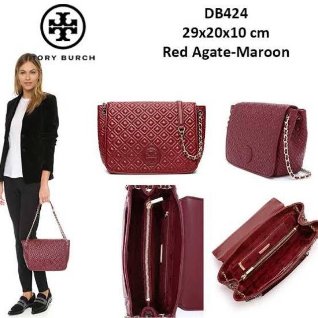 Tory Burch Marion Quilted Flap Shoulder Bag red agate maroon merah  original tas authentic asli
