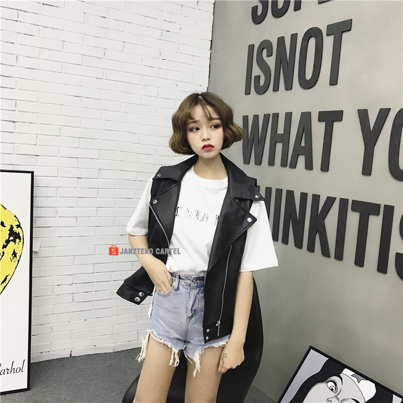 JNK x FEI - Rompi Kulit Sintetis Viena Hitam Punk Faux leather PU Jacket Synthetic Premium Elegan Trendy Import Cewek Perempuan Modern Baru Rompi Vest Pengendara Sepeda Motor Imitasi Zipper Retsleting Jaket Tanpa Lengan Musim Gugur Musim Dingin Oversize