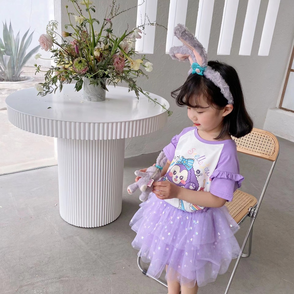 Setelan Anak Perempuan Kaos Stell Lou dan Rok Tutu Mesh Lucu Impor (Gratis Bando)