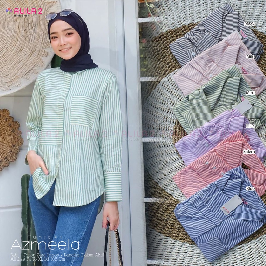 AZMEELA TUNIC #4 BY ALILA TOP ATASAN BAJU KEMEJA WANITA TUNIK MOTIF GARIS BAHAN CATTON ZARA IMPORT L