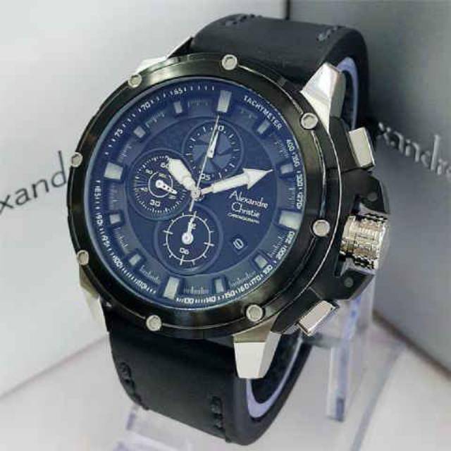 Jam Tangan Keren Elegant Pria Alexandre Christie AC 6390 MC Leather Black List Silver Original