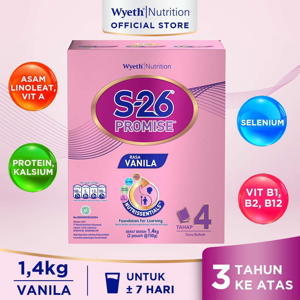 S-26 Promise Tahap 4 Vanila Susu Bubuk untuk Anak Usia 3-12 Tahun, Kotak 1400 gr