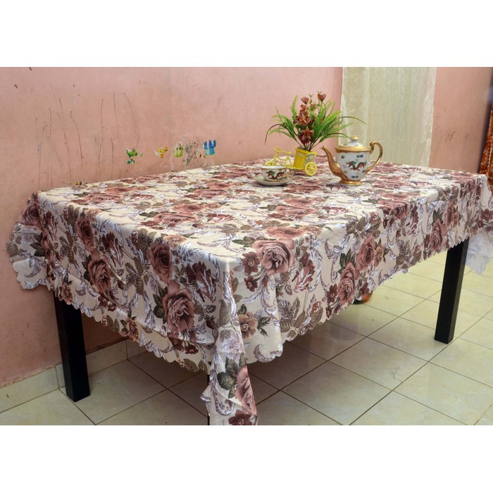 Taplak Meja Makan Besar Shabby 4 6 8 Kursi Rose Brown 