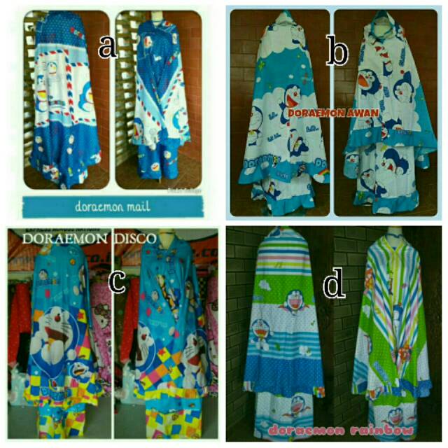 Jual mukena dewasa/mukena karakter bahan katun panca premium motif doraemon mail,doraemon disco