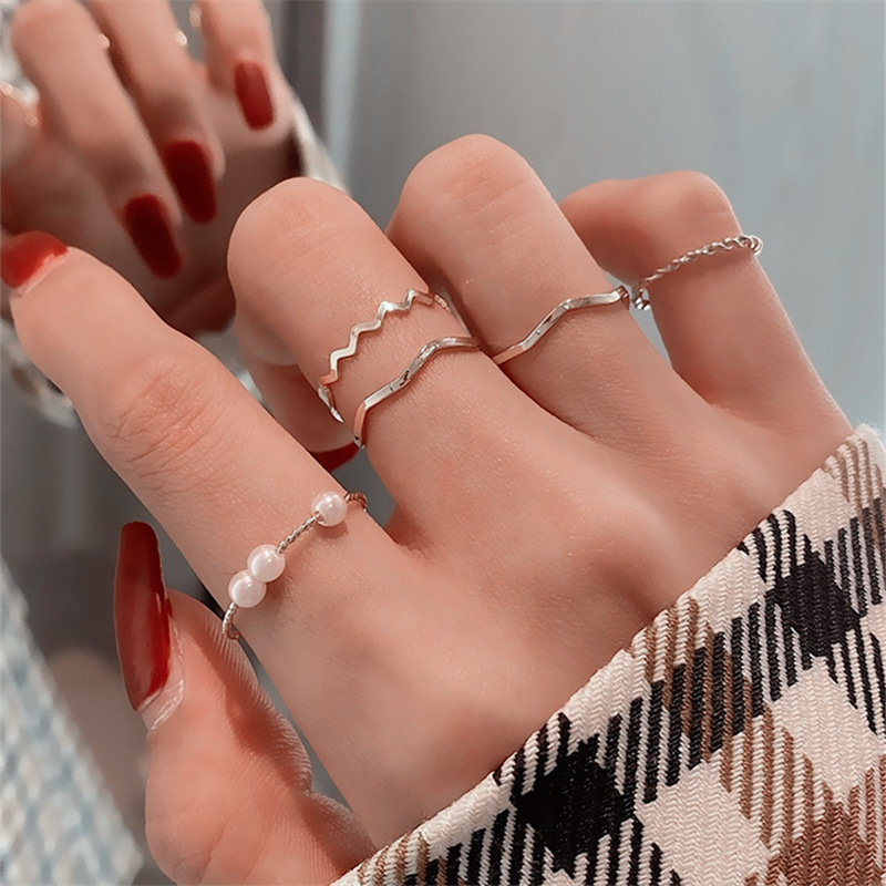 5pcs / Set Gelang Cincin Mutiara Gaya Korea Minimalis Untuk Wanita