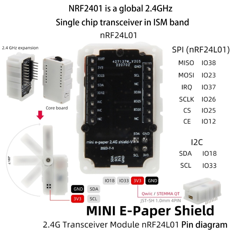 Btsg Mini E-PaperShield Board NRF24L01 2.4Ghz Transceiver Module World Wide Single-Chip Radio Transceiver ISM-Band Unive