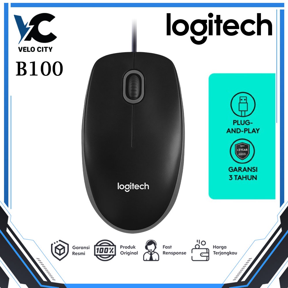 Mouse Logitech B100 Optical USB New - Hitam