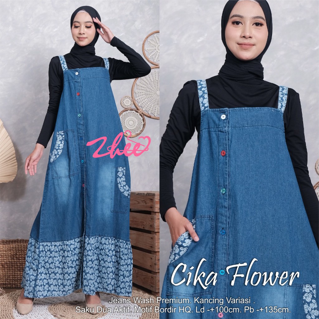 Overall Denim Kancing Variasi | Baju Kodok Denim Premium Motif Bordir | Jins Wanita Muslimah Murah