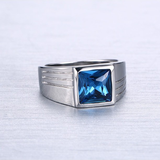 Cincin Single Pria Cowok Titanium 316L Anti Karat Import Blue Zircon AAA CP002