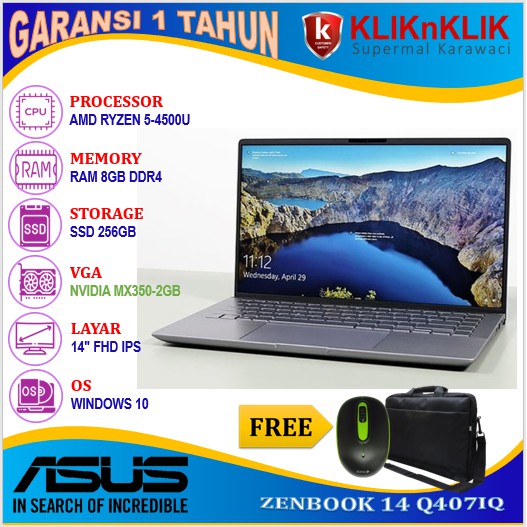 ASUS ZENBOOK 14 Q407IQ AMD RYZEN 5 4500U 8GB 256GB SSD FHD BACKLITE NVIDIA MX350 2GB WINDOWS 10