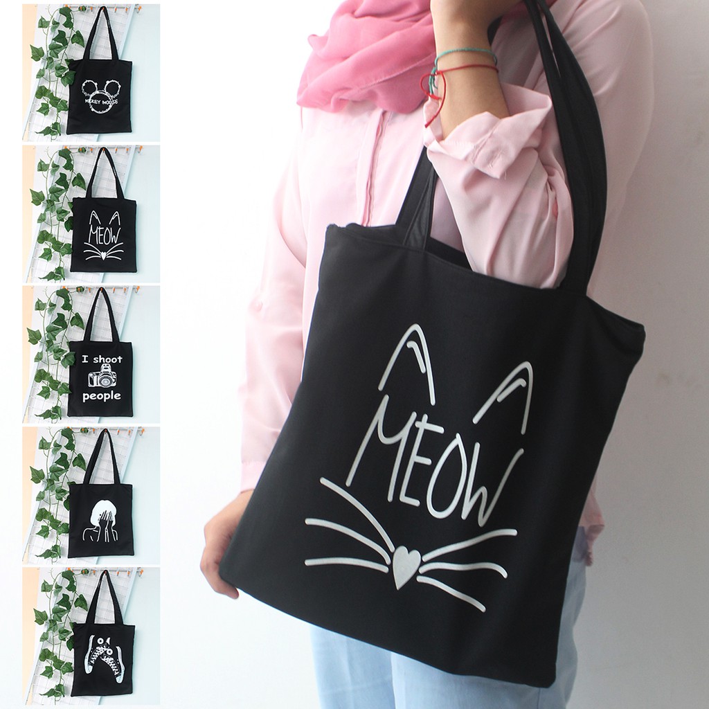 Totebag Kanvas Tebal Pakai Resleting Tas Tote Wanita Murah Gambar Sablon Tote Bag Cewek Motif Lucu