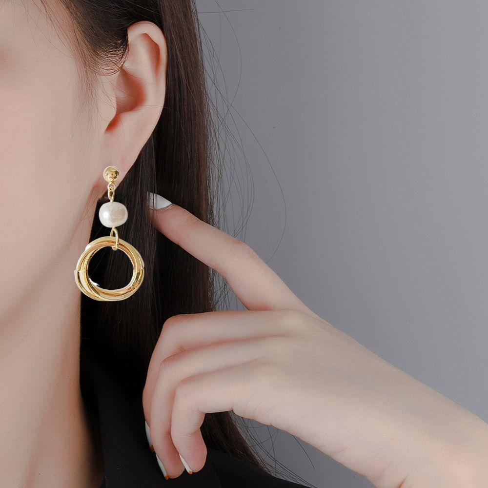 Needway Anting Wanita Trendi Mewah Pesta Emas Temperamen Bentuk Bulat Mutiara Drop Earrings