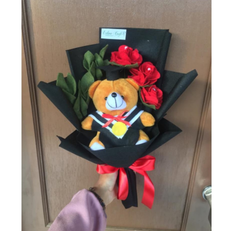 Buket (Bouqet) Bunga + Teddy Bear Spesial Wisuda (Coklat)