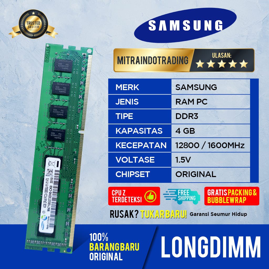 RAM SAMSUNG LONGDIMM DDR3 4GB PC12800 BERGARANSI