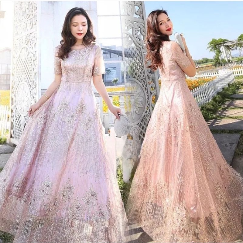 long gown glitter glittery gaun panjang bling sequin rose gold kostum acara pesta party wedding pern