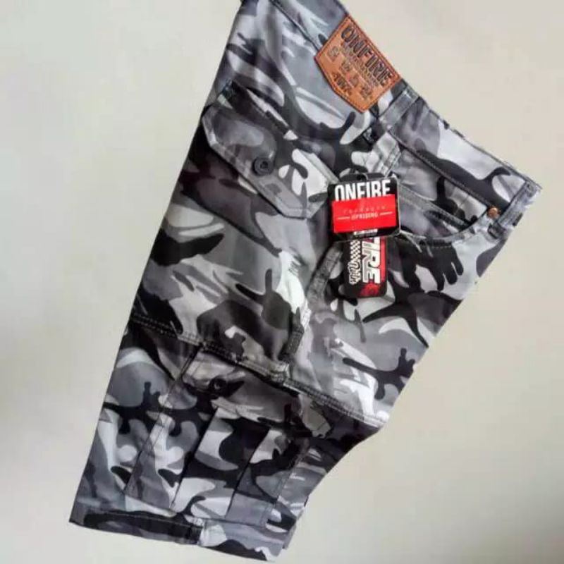 ONFIRE RVLN Celana pendek pria cargo, celana pria distro bahan CANVAS motif loreng keren