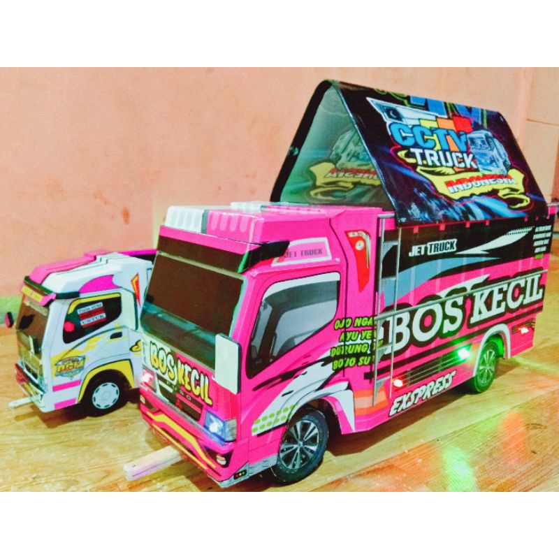 Miniatur truk truck trek trak oleng kayu asli BOS KECIL PINK fariasi lampu dan tenda ukuran JUMBO